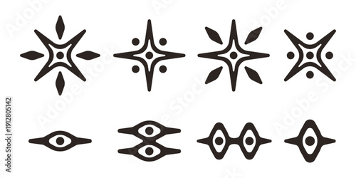 Collection of abstract tribal star burst symbols and stylized eye shapes presented as a set of stylized geometric design elements for unique artistic application.
