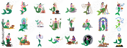 Busy Mermaids: A large collection of underwater fantasy characters performing diverse professions and daily life activities.