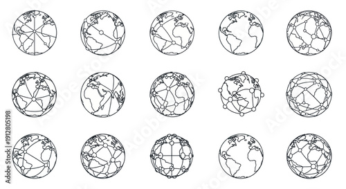 Global Network Connections: Abstract Earth Globes with Interconnected Lines