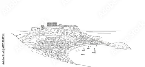 An ancient hilltop citadel overlooks a coastal village and bay with sailboats