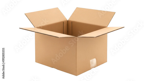 An open cardboard box with a flapped lid, ready to be filled with items.