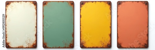 Four empty vintage tin signs arranged side by side on white background. Signs show signs of wear rust and age. Each sign has four screw holes. Useful for messages and retro advert designs.