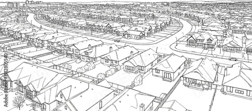 An aerial sketch of a sprawling suburban neighborhood with many houses