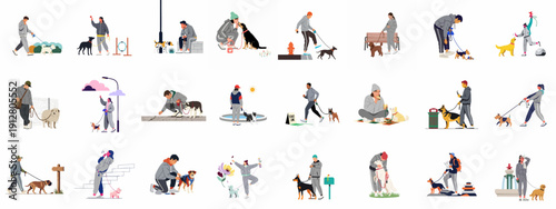 Diverse Set of People Walking, Training, and Caring for Dogs in Various Urban and Outdoor Environments - Pet Ownership and Companionship Vector Collection.
