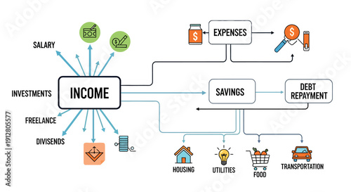 Personal financial management flow chart showing income sources and allocation to expenses, savings, and debt repayment.