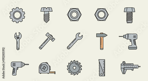 Set of Tools and Hardware Icons: Gear, Bolts, Nuts, Wrenches, Hammers, Drills, Saw, Ruler, Caliper