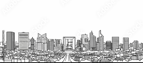 An artistic, black and white line drawing depicts a modern cityscape with varied high-rise buildings