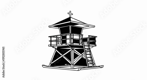 An artistic depiction of a lifeguard tower with a cross on top