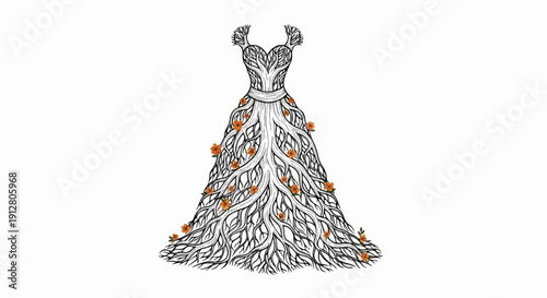 An artistic dress made of twisted branches and adorned with orange flowers