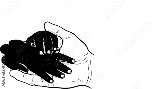 An illustration of a dark-skinned baby's hands resting gently on a lighter-skinned adult's palm