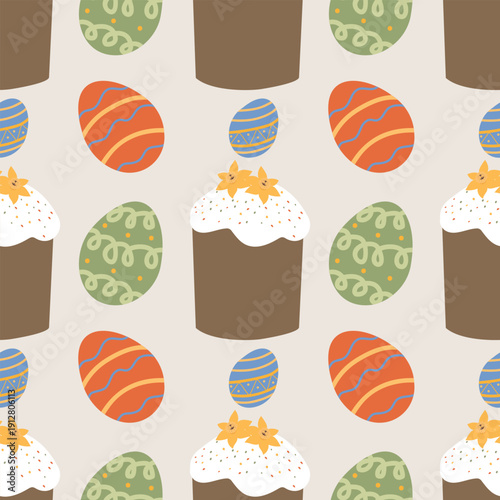 Seamless pattern with easter cake, and easter multicolored eggs. Holiday vector illustration