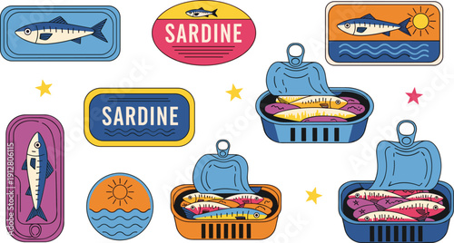Retro Canned Sardine Vector Illustration Set Featuring Colorful Vintage Fish Tin Labels And Seafood Packaging