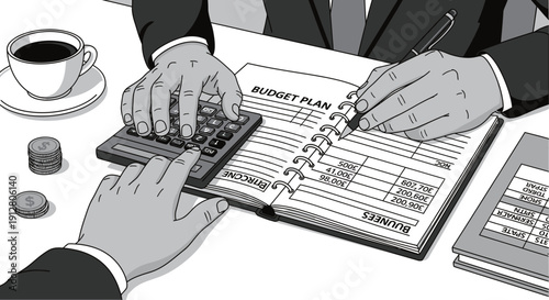 Business professional working on budget plan with calculator and coins.