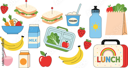 Healthy School Lunch Box Set with Sandwich Fruit Milk Yogurt and Rainbow Bag Flat Vector Illustration - cad drawing flat vector illustration