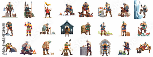 Cartoon Viking characters performing historical and daily life activities, including combat, craft, exploration, and domestic tasks, set in the Norse era.