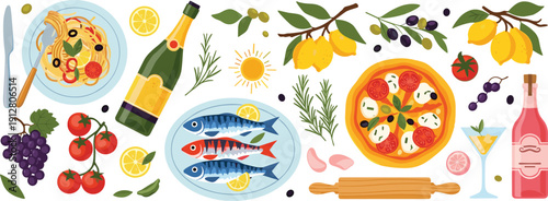 Healthy School Lunch Box Set with Sandwich Pancakes Milk Yogurt Fruit and Water Bottle Vector Illustration - cad drawing flat vector illustration