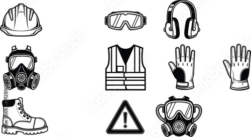 Set of essential personal protective equipment vector icons featuring hard hat, safety goggles, ear muffs, respirator mask, vest, and boots