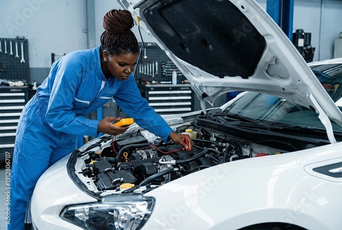 Femme Garagiste faisant un contrôle technique voiture