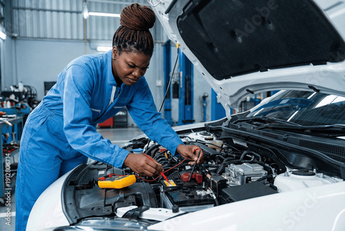 Femme Garagiste faisant un contrôle technique voiture