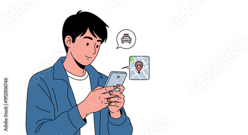 Young man ordering a taxi using a mobile app illustration.