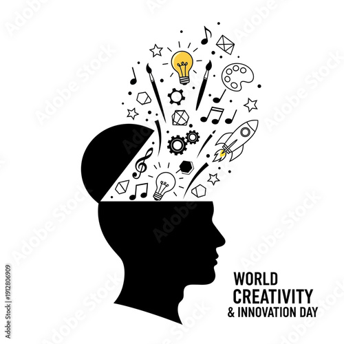 World Creativity and Innovation Day Concept with Brain Silhouette and Creative Icons