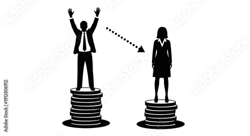 Professional man and woman standing on stacked coins illustrating career growth and success