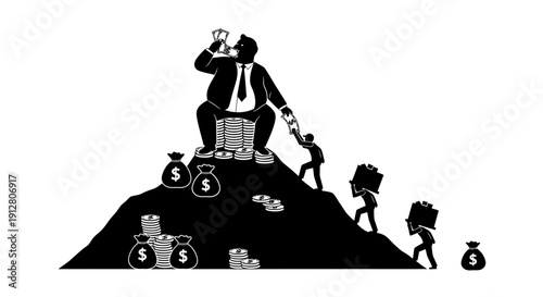 Black and White Business Hierarchy Climbing Money Pyramid with Corporate Figures Illustration