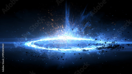 宇宙空間に輝く光のリングと星屑が広がる幻想的SF背景素材