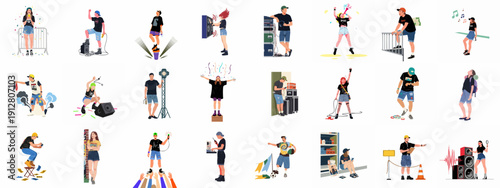 Diverse vector collection of young concert attendees, music fans, and event professionals illustrating various roles and excitement at live performances and outdoor festivals.