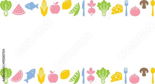 Colorful array of healthy food icons forming a decorative border for various designs