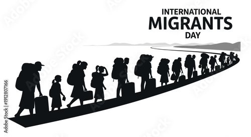 International Migrants Day Silhouette Family Journey with Luggage and Backpacks