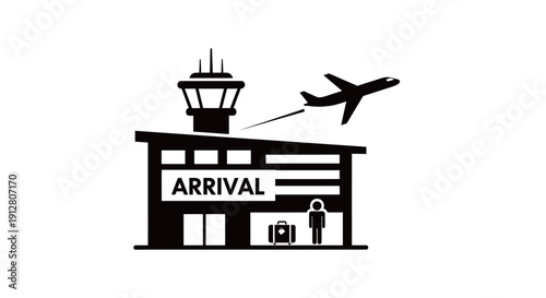 Airport arrival terminal building with airplane landing illustration.