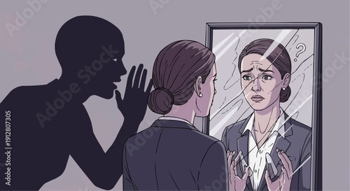 Office woman experiencing gaslighting and psychological manipulation vector illustration.