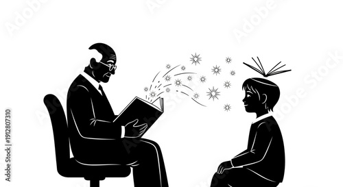 Illustrated mentor sharing knowledge with ideas sparking between students in modern minimalist style