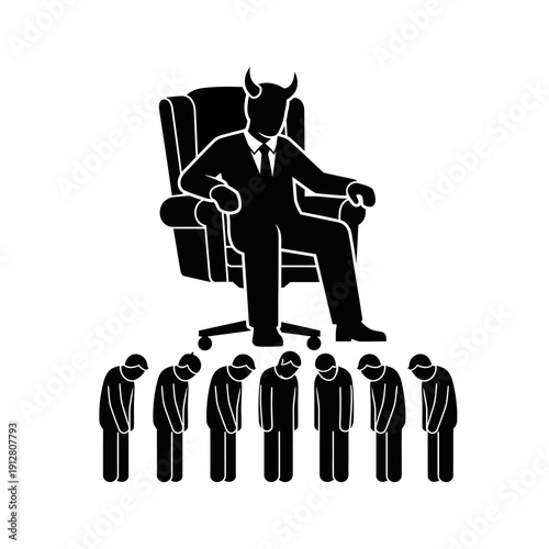 Evil corporate boss demonic figure controlling employees in office hierarchy illustration