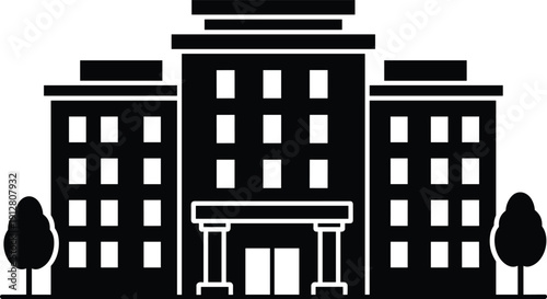 Black and White Monochrome Vector Icon of a Large Modern Corporate Office Building or Hotel Complex with Three Towers and Trees, Business, Real Estate, and City Architecture