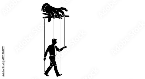 Black and white marionette businessman controlling oversized puppet hand with strings, symbolic leadership concept
