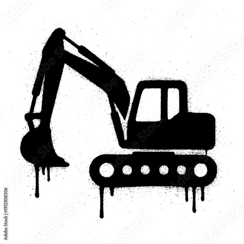 Black Graffiti Spray Paint Excavator Stencil Silhouette with Drip Effect