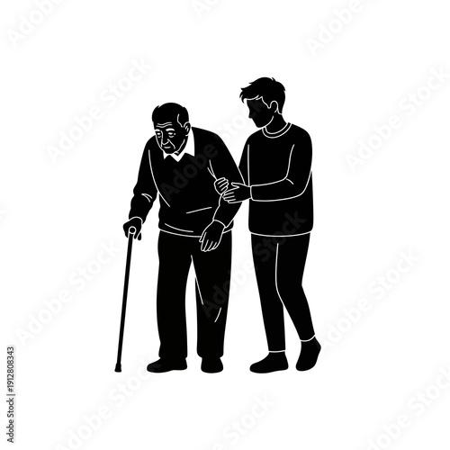 Elderly man supported by younger person walking with cane, black and white illustration, emotional care