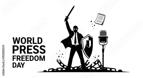 World Press Freedom Day Illustration: Journalist Breaking Chains with Shield and Microphone Symbolizing Media Liberation