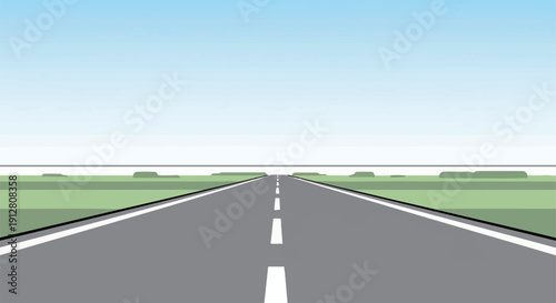 Flat illustration of a straight endless highway road through green fields under blue sky.