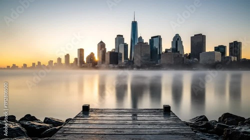 Epic sunrise over New York City skyline with One World Trade Center from wooden pier with reflections on calm water