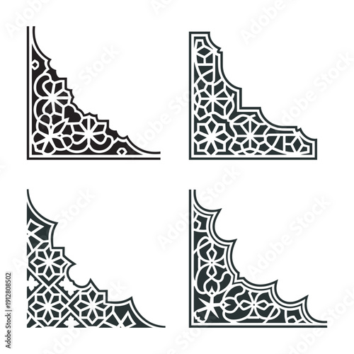 Set of decorative islamic corner frames with geometric floral patterns for traditional design