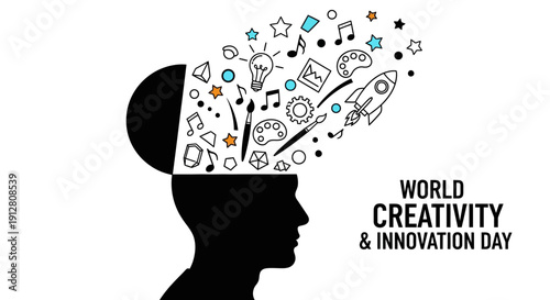 Creative Thinking Silhouette with Innovation Icons Celebrating World Creativity Day