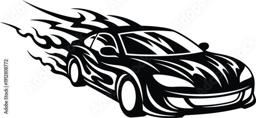 Black car with tribal flame graphics speeding forward