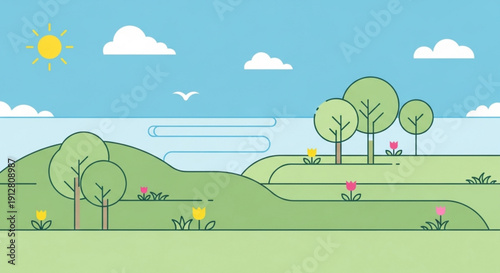 Flat design landscape illustration with rolling hills trees flowers and a sunny sky perfect for nature-themed backgrounds and concepts