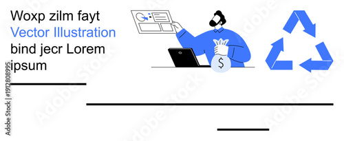 Digital security, financial planning, environmental sustainability, ID management, recycling, sustainable growth. Person holding money bag near laptop and ID card with recycling symbol. Digital