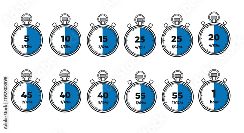 Versatile set of modern stopwatch icons displaying diverse time intervals, perfect for digital timers, countdowns, and efficient time management applications