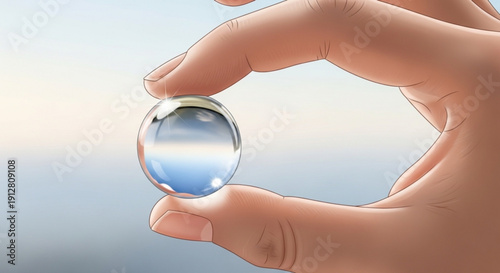 Hand holding a clear water droplet reflecting blue sky and clouds concept of purity and nature macro detail