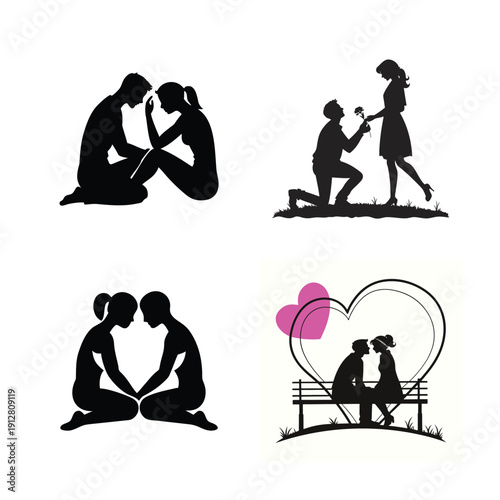 Silhouette of Couples in Romantic Scenes Showing Love, Hugging, Holding Hands, and Intimate Moments in Minimal Black Vector